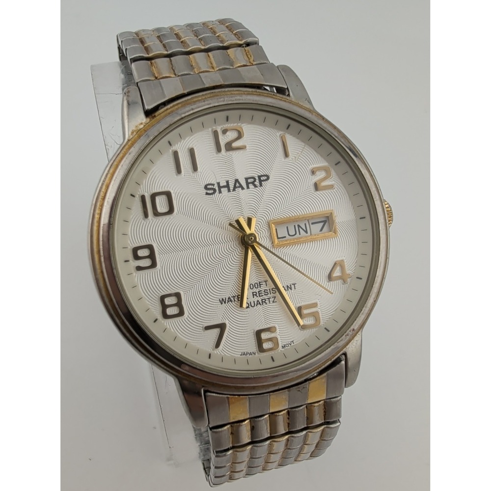 Vintage Sharp Men's Watch 38mm Case Day/Date Two Tone Stretch Band- New Battery